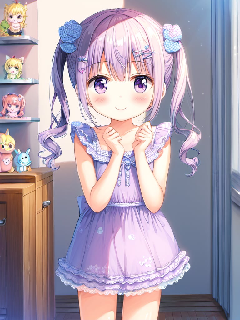 suzukazek aoba, 1girl, long hair, twintails, purple hiar, purple eyes, hair ornament, blush, bangs,

smile, kawaii, cute,

clavicle, tiny mouth, 
summer dress, sleveless, lots of lace,


in girl's room, fancy items,

looking at viewer, 

suzukaze aoba