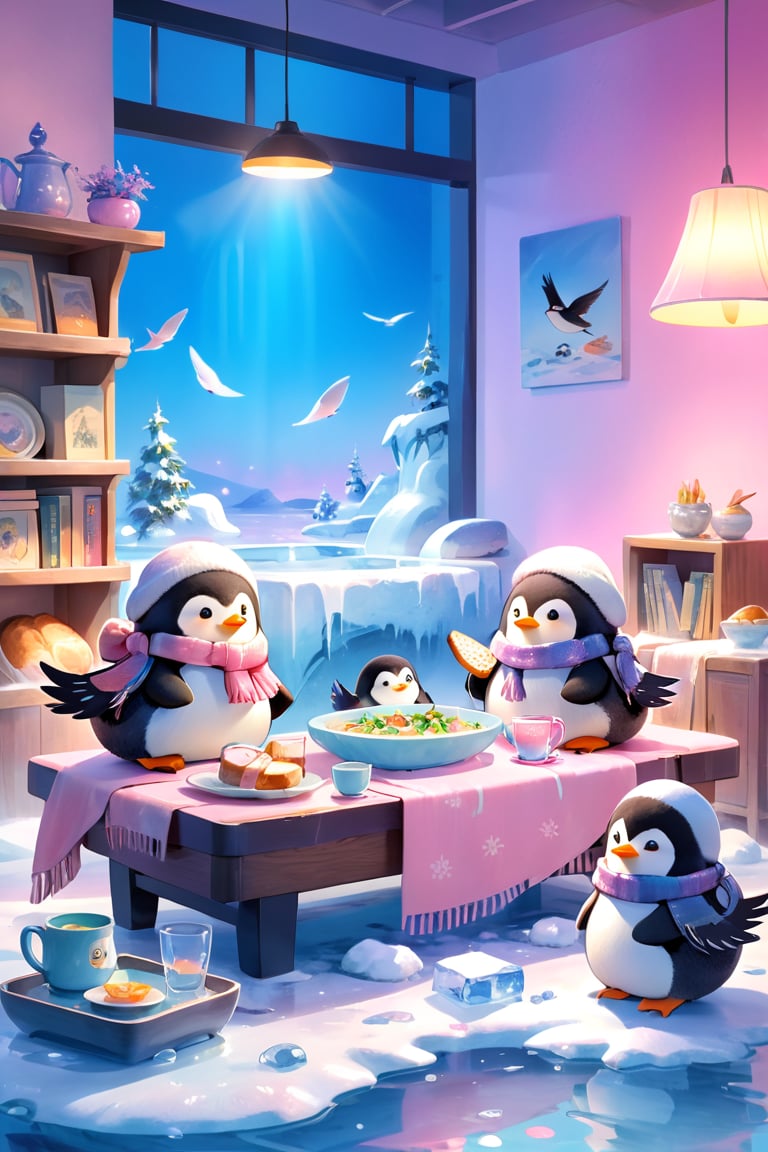 masterpiece, bestquality, illustration, watercolor,

animals , (fluffy:1.5),
4 fluffy penguins, scarfs, penguins wearing a scarf, talking, in the ice room, ice low table,
stand next to the table,

cool color lighting in the room,

pink table cloth,  plate, water pot, glass,Four mugs, 4 plate with soup, a pot of soup, a salad bowl, a basket with bread,

Books, bookshelf, lamp, basket, small shelf, stuffed fish, radio cassette player,

black Arms that look like bird wings, 
cartoon, cute, fancy, putite, 

focus animal,
Xxmix_Catecat,Anime,hentai,More Reasonable Details