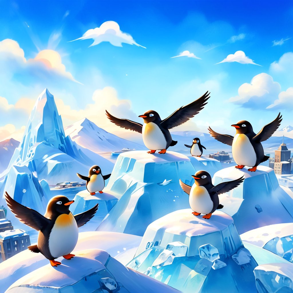 masterpiece, bestquality, illustration, watercolor,

animals , (fluffy:1.5),
4 fluffy penguins, talking, 

Penguins are flying,  in the sky, 
They are happily flying around.,

Flying high in the sky, you can see a shrunken cityscape in the distance below. In the distance there is a mountain of ice. The land of Antarctica.,

black Arms that look like bird wings, 
cartoon, cute, fancy, putite, 

focus animal,
Xxmix_Catecat,Anime,hentai,More Reasonable Details