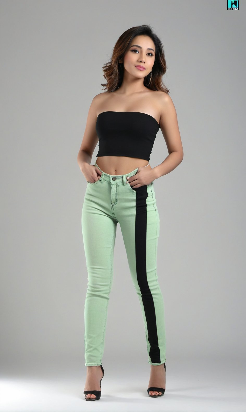 a girl like nora fatahi wear light green and black jeans dress on her full body single body make him more realistic backgr...