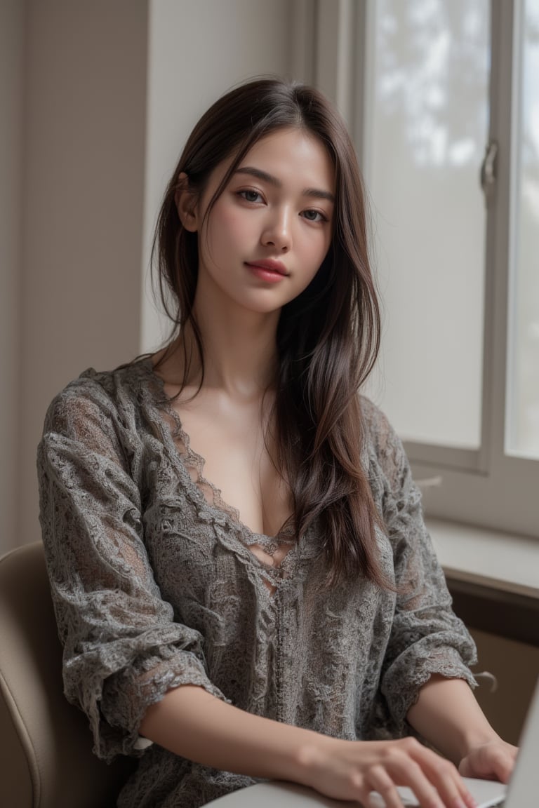 A girl sitting in the office and work on the laptop wearing a office dress and background office by Lena.ai on Tensor.Art