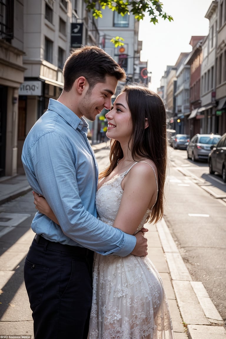A tender moment captured: A young woman stands alongside her husband on a sun-drenched city street,  bathed in warm golden...