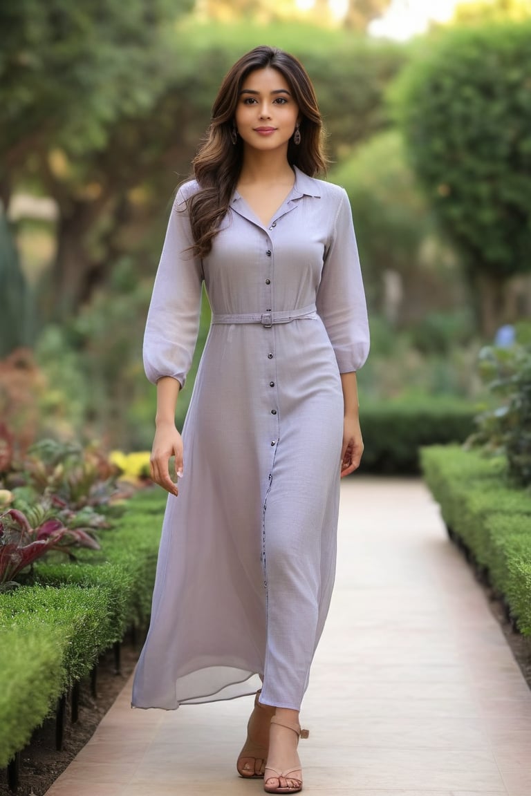 a girl like nora fatahi wear western  dress on her full body single body make him more realistic and background garden view,near camera image zoom out focus on face giving a walking pose
