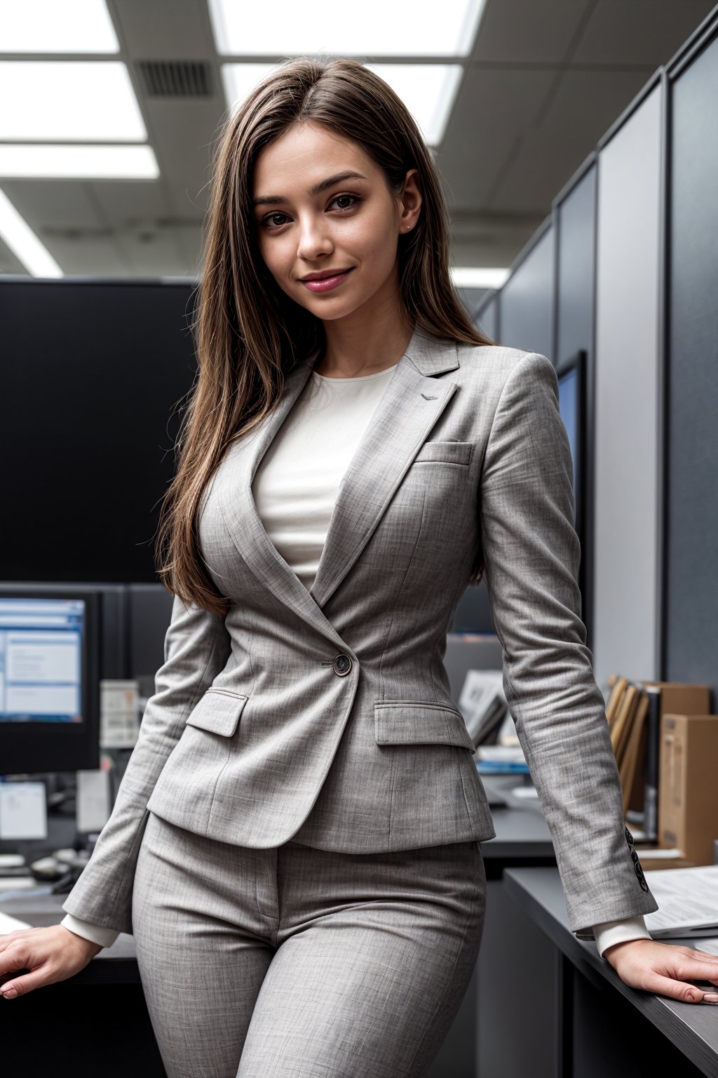A confident woman stands tall in a sleek office setting,  her tailored suit a perfect blend of professionalism and sophist...
