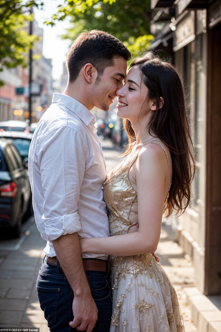A tender moment captured: A young woman stands alongside her husband on a sun-drenched city street,  bathed in warm golden...