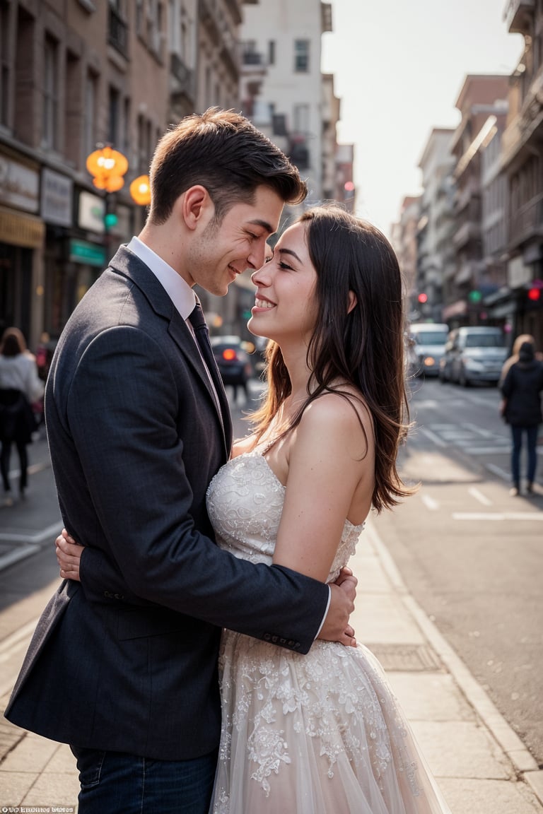 A tender moment captured: A young woman stands alongside her husband on a sun-weathered city street,  bathed in warm golde...