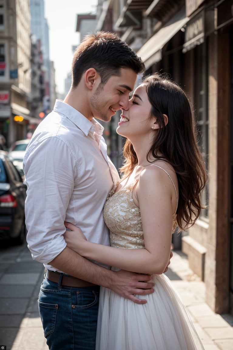 A tender moment captured: A young woman stands alongside her husband on a sun-weathered city street,  bathed in warm golde...