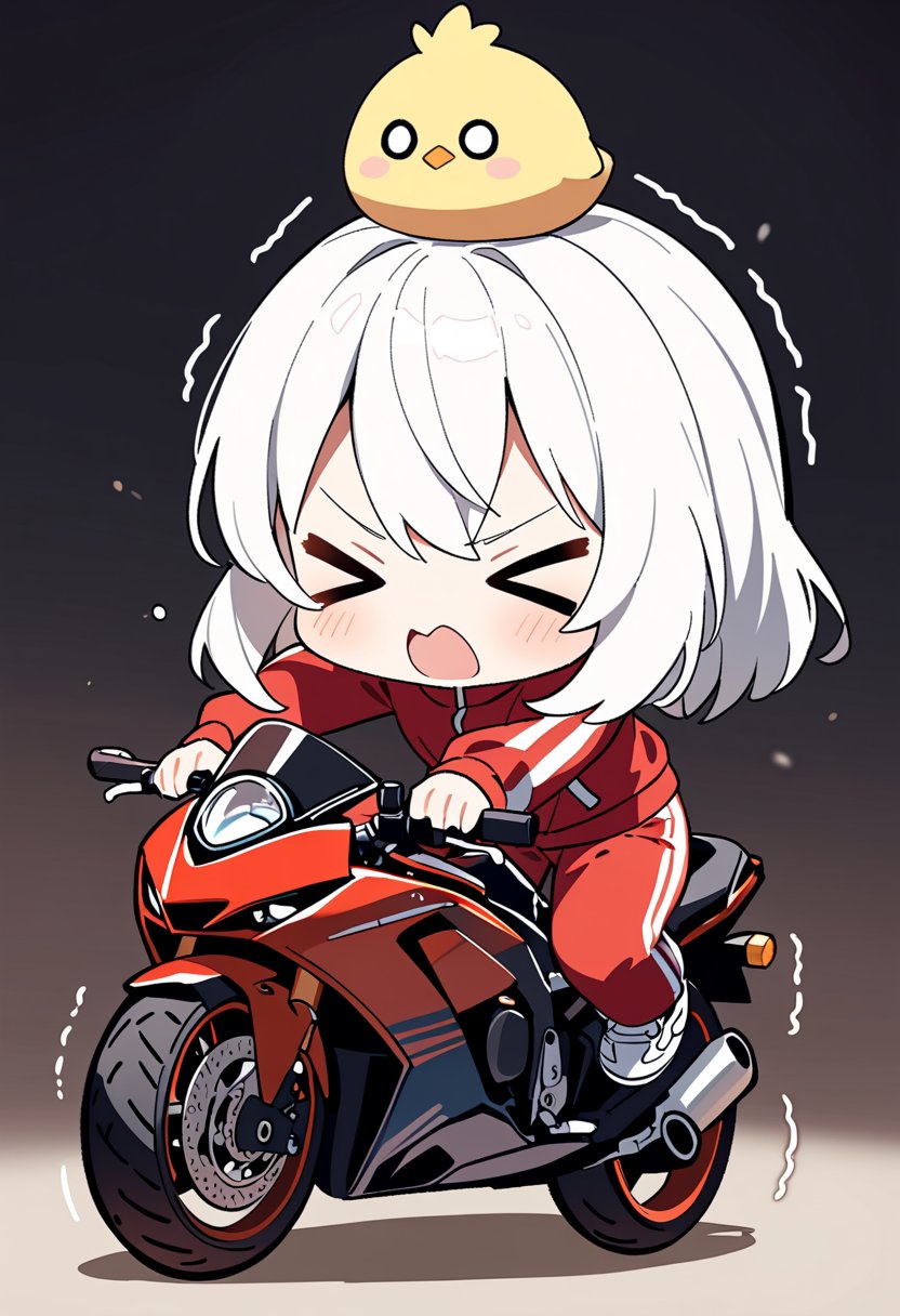 1girl, solo, (chibi, a cute looking chibi girl, O_o,eyes open:1.1), trembling, full body, hair between eyes, medium hair,white hair, tracksuit,riding, motorcycle,
(chick on the head, >_<), masterpiece,best quality,ultra detailed,