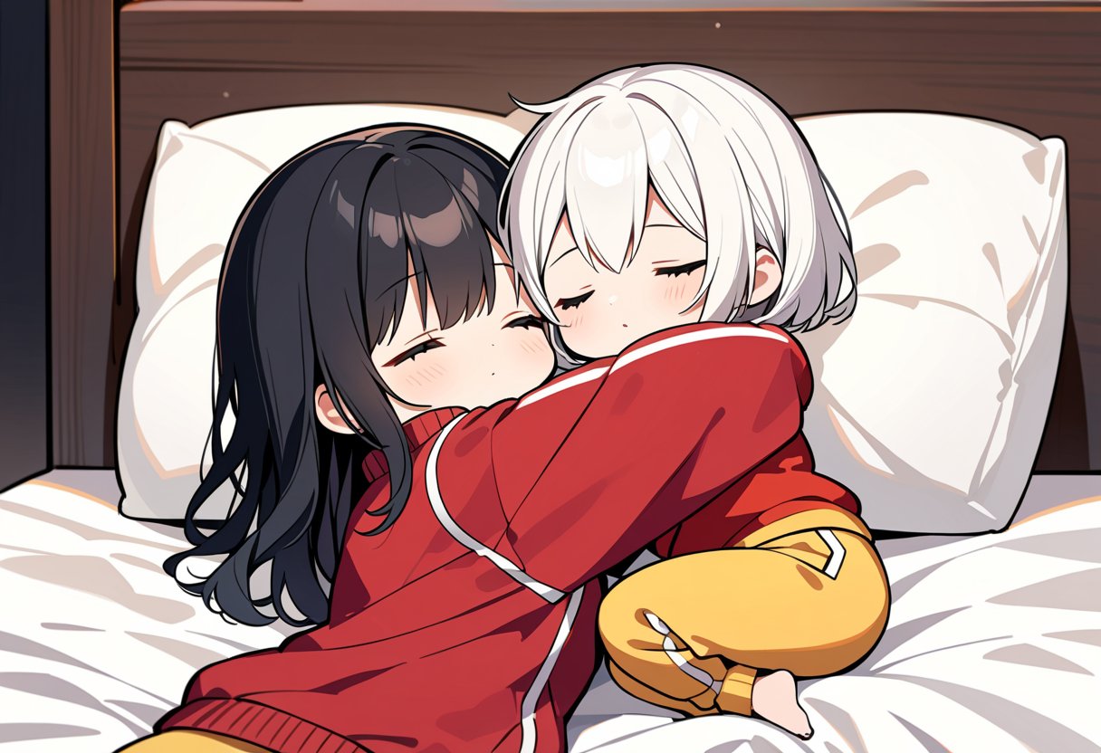 2girls, (chibi, a cute looking chibi girl, ) ,from front,full body,look at viewer,on the bed
BREAK 
((straight hair,long hair,black hair)), ((closed_eyes,sleep)),long sleeves, red sweater, yellow pants,((hug))
 BREAK
 ((short hair)),white hair ,short , ((closed eyes,sleep)),((tracksuit)),((hug))
 BREAK 
masterpiece,best quality,ultra detailed,