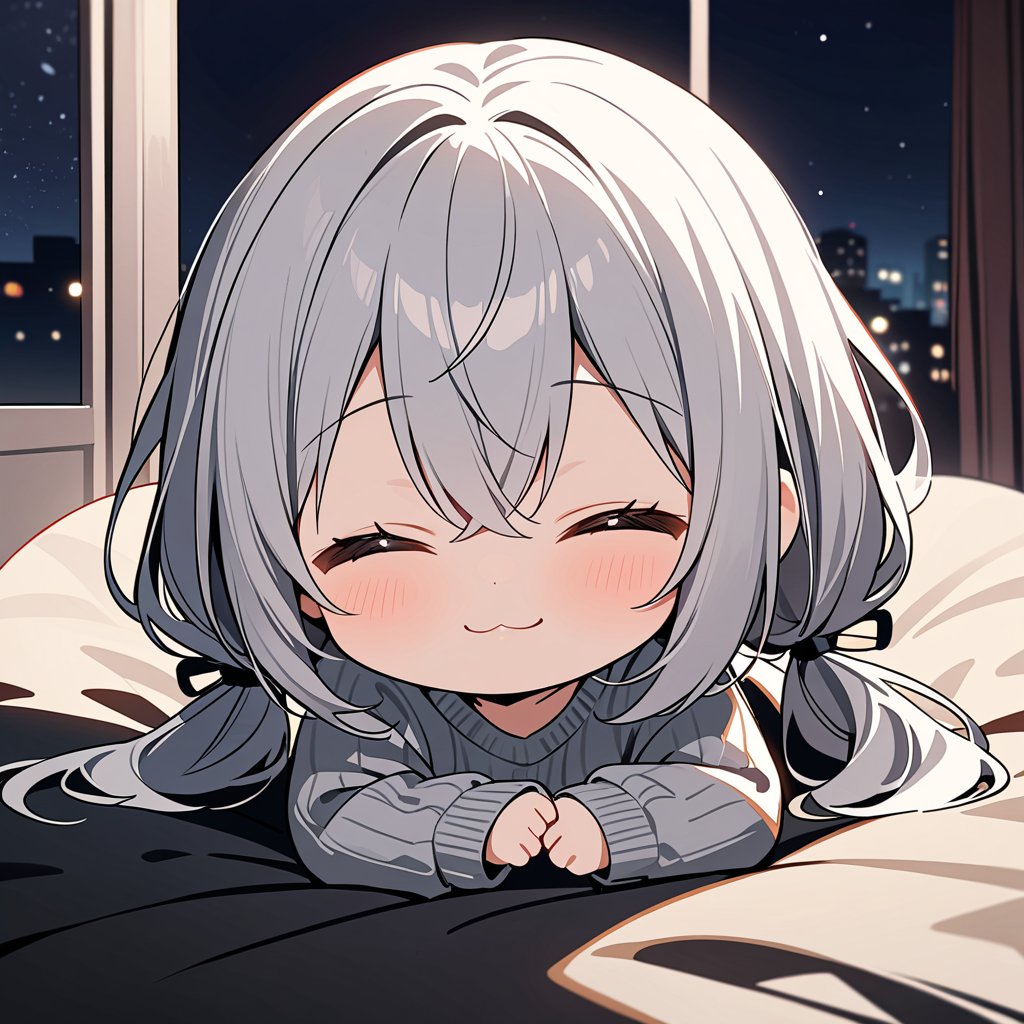 1girl, solo, (chibi, a cute looking chibi girl, ),smile,closed eyes,sleep,:3,full body, hair between eyes, silver hair, low twintails, long sleeves, grey sweater, black pants, on stomach, lying, indoors, night, darkness, indoors, masterpiece, best quality,