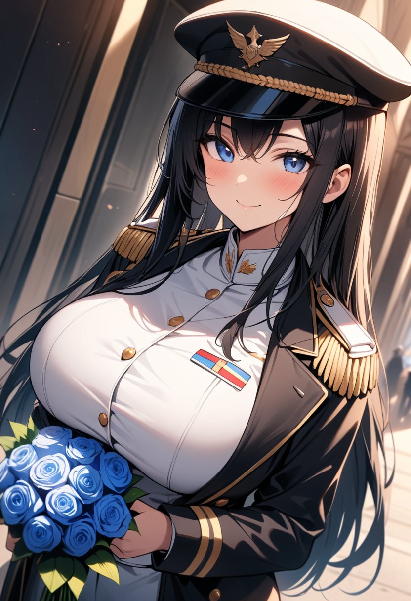 masterpiece,best quality,ultra detailed, 1 girl,straight hair,long hair,black hair, blue eyes,dutch_angle,(big breasts:1.2),(peaked cap),military jacket, leggings, upper_body , smile,closed_mouth,holding bouquet