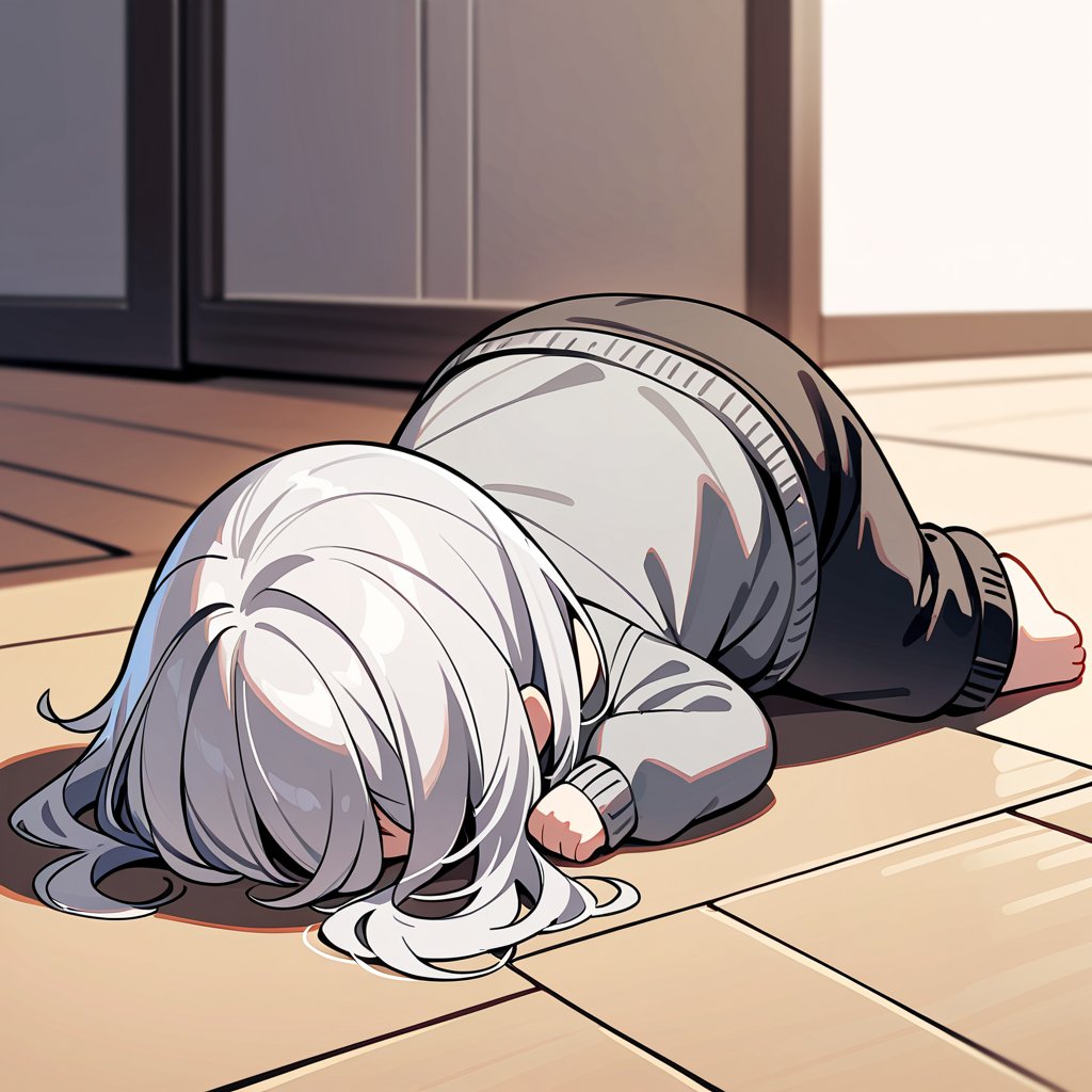 1girl, solo, (chibi, a cute looking chibi girl, ),sleep,full body,look at floor,silver hair, short,long sleeves, grey sweater, black pants,((back view:1.3)), (( lying on one’s stomace)) , prostration, indoors, masterpiece, best quality,