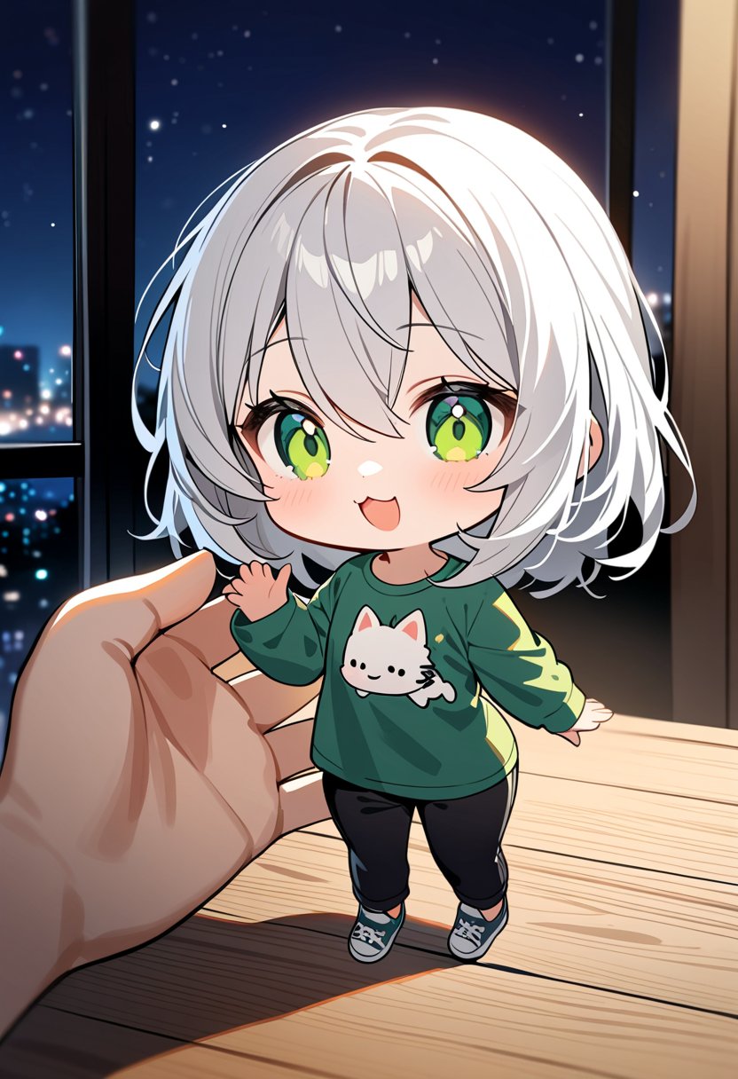 1girl, solo, (chibi, a cute looking chibi girl, smaller than hand,on the hand),on the table,smile,green eyes,open mouth,:3,full body, hair between eyes, white hair, short,long sleeves, t-shirt, black pants, indoors, night,indoors, masterpiece, best quality,