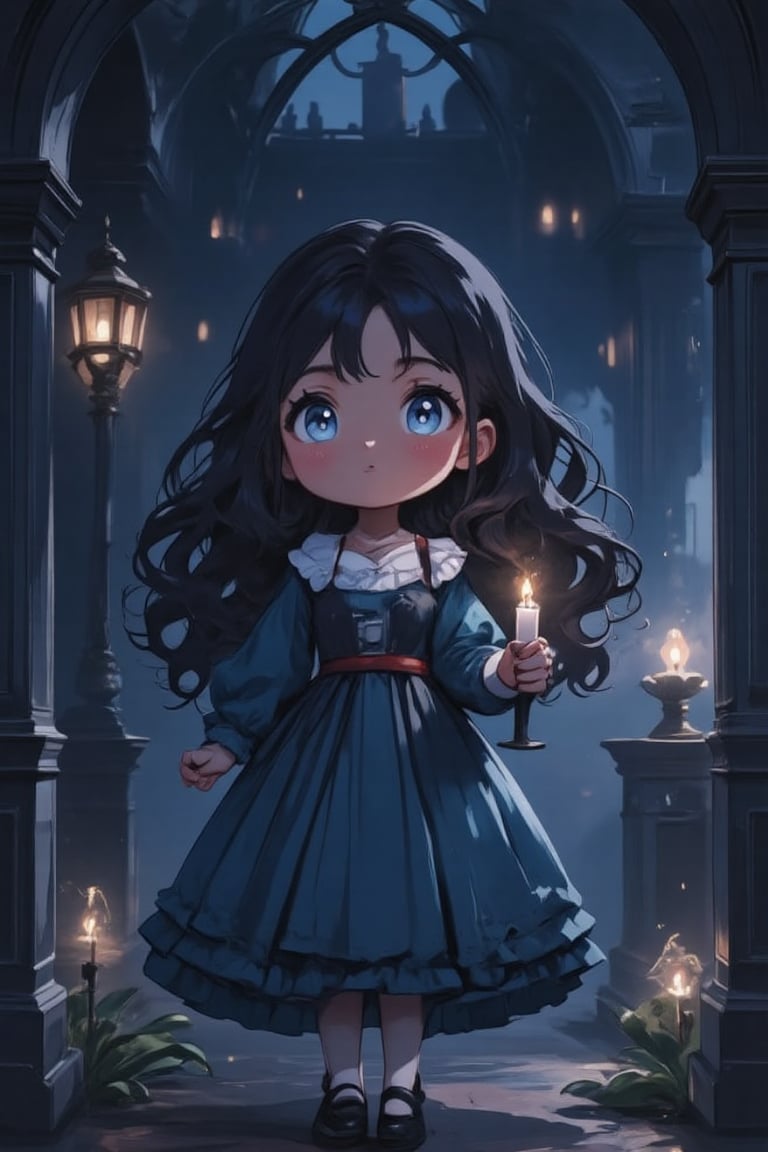 score_9, score_8_up, masterpiece, cute, anime, chibi, 1girl(blue blank eyes, dark cinnamon skin, long dark wavy hair, expressionless, wearing a nightgown, holding a candle) standing in a dark old haunted house