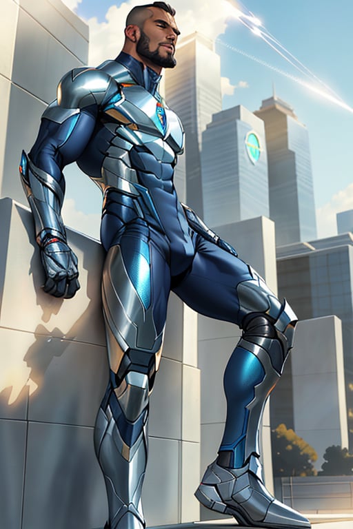 Full-body-shot of Davion standing strong, gazing upward into the distance ,He is 5'7", He has a clean shaved face clean shaved illuminated by warm sunlight. The futuristic superhero costume, crafted from carbon-fibers and reflective metals, hugs his physique, showcasing no sleeves and a bold design. The shoes, with gleaming, seamlessly connect to the uniform's legs. As he raises his eyes, a radiant glow emanates from his pupils, firing shafts of white laser light into the sky, as if harnessing celestial energy.