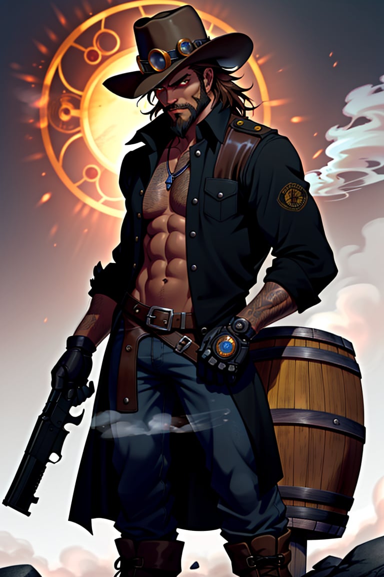 Full-body shot of Dirt-Bag, the super villain, standing forward with a bold head-on pose. His long, scruffy beard and brown hair are styled in a steam-punk fusion, while his robotic eyes glow with an otherworldly light. He dons a steam-punk futuristic cowboy hat, adding to his rugged persona. His arms are adorned with black gloves, with one hand grasping a futuristic gun emitting smoke and heat. The orange glow of the barrel adds a hint of danger. The unbuttoned shirt exposes his athletic yet lean torso, while the dark-brown leather pants and steam-punk boots give off a rebellious vibe. A black dress vest, partially unbuttoned, reveals subtle battle damage, hinting at a rich backstory for this villainous character.,yui_kemono_jihen