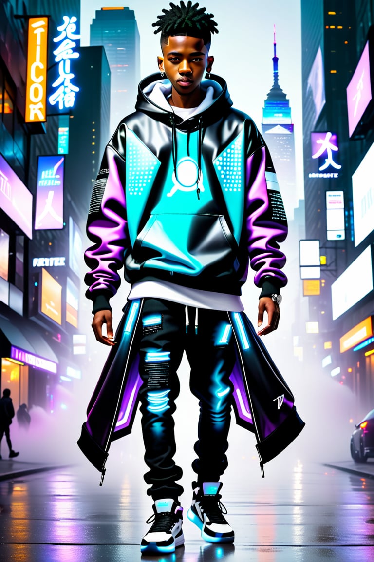 Against a misty cityscape at dusk, a suave young black man, approximately 19 years old, stands confidently and strong on a hover crafted on the street. His sleek, futuristic graphics hoodie and dark  black jeans accentuate his urban charm. Power radiates from his features as dark energy pulses through his body, casting a cool glow on his frame. low buzz cut close to head for black male. futuristic Jordan shoes complete the futuristic ensemble.