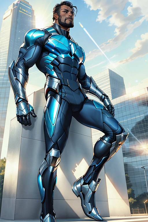 Full-body-shot of Davion standing strong, gazing upward into the distance ,He is 5'7", his dark-skin black-mailed face illuminated by warm sunlight. The futuristic superhero costume, crafted from carbon-fibers and reflective metals, hugs his physique, showcasing no sleeves and a bold design. The shoes, with gleaming, seamlessly connect to the uniform's legs. As he raises his eyes, a radiant glow emanates from his pupils, firing shafts of white laser light into the sky, as if harnessing celestial energy.