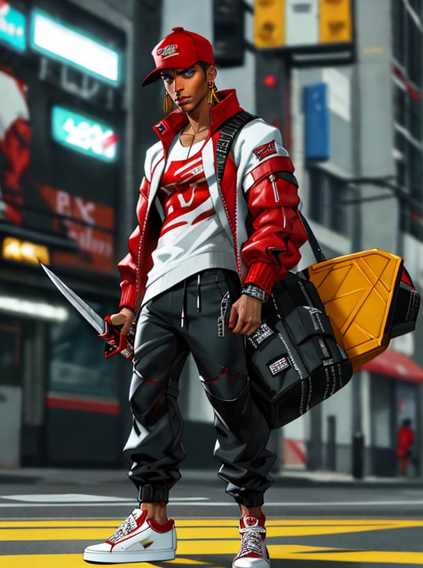 T.J. stance is strong, skin glistening with a light brown hue. The urbansylt red cap atop his buzz-cut head and two gold earrings glinting in his ears add a pop of color to his bold ensemble. He sports a sleek red futuristic jacket adorned with metallic accents, with two straps around the shoulders its hightech design seeming to defy gravity as he swings a large glowing saber sword in a fluid motion. His cargo-style pants are a matte black, punctuated by silver metal accents that echo the futuristic aesthetic of his Vans brand shoes, which gleam white and red against the urban background.