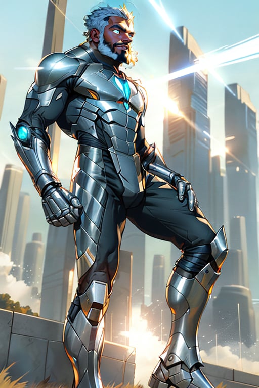  A beardles warrior standing strong, gazing upward into the distance ,He is 5'7", He has no hair on his face, illuminated by warm sunlight. The futuristic superhero costume, crafted from carbon-fibers and reflective metals, hugs his physique, showcasing no sleeves and a bold design. The shoes, with gleaming, seamlessly connect to the uniform's legs. As he raises his eyes, a radiant glow emanates from his pupils, firing shafts of white laser light into the sky, as if harnessing celestial energy. no_beard