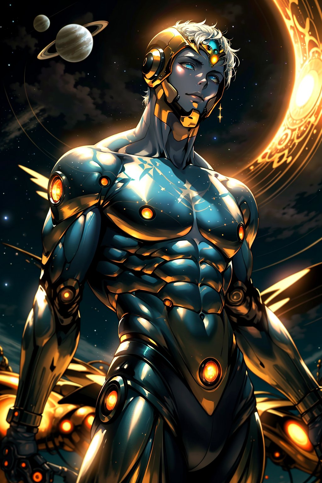 A celestial being, OUN, hovers amidst a backdrop of stunning starry night sky, with two distant planets in the foreground. His chrome-gold skin glistens under soft, ethereal lighting, accentuating the intricate cyberpunk-inspired glow lines tracing his body. Eyes aglow with an otherworldly cosmic light, OUN's pose exudes a sense of weightlessness and freedom as he floats effortlessly amidst the celestial wonders.