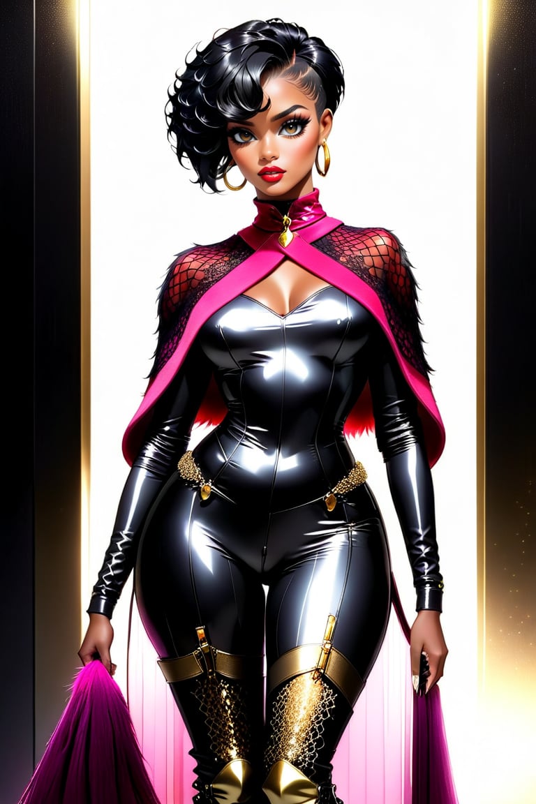 Full body shot of Lady Swan standing sexy. Framed against a dark, metallic backdrop, she exudes confidence with her piercing pink-tinged eyes aglow under the soft, golden light. Her short, jet-black hair with subtle gold highlights cascades down her back like a waterfall of night. Her dark skin tone glows warmly in the gentle illumination. Petite yet curvy, Lady Swan's figure is accentuated by her bold attire. The red furry shawl draped over her right shoulder add a pop of vibrancy to her black futuristic lacey top, which seems to shimmer in harmony with her sleek, high-heeled boots. A red and burgundy sword holster adorns her back, while her lacey stockings and matching black shirt create a sense of cohesion with her overall aesthetic furry shawl