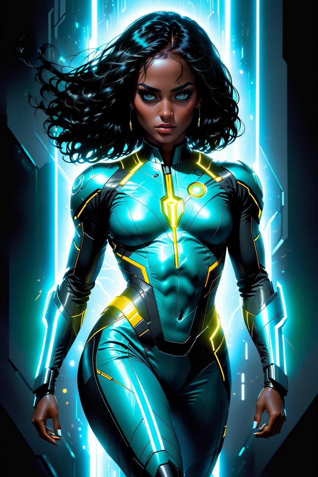 A dynamic full-body shot of Mae Leigh: a dark-skinned beauty with mesmerizing green eyes that seem to pierce through the chaos. Her jet-black hair cascades down her back, accented by warm brown highlights. Her smooth, brown skin glistens in the light as she wears a sleek battle suit in shades of gray, blue and yellow, adorned with yellow Tron-style lights coursing throughout the gear like electric veins. As she runs into the fray, her slim-fit physique and confident pose exude a sense of empowerment and determination, ready to take on whatever challenges come her way.,retrowavetech,dark skin,dark-skinned female,Futuristic