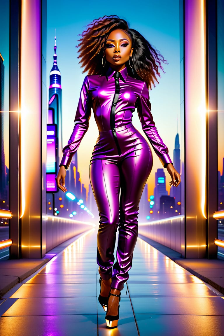 Against a clear futuristic cityscape at dusk, a Sexy black woman, approximately 31 years old, stands confidently and sultry on a run-way with lights on it. Her sleek, futuristic dress shirt and dark purple leather pants accentuate her urban charm. Power radiates from her features as light energy pulses through her eyes, casting a hot glow on her nice seductive frame. long flowing straight hair lays elegantly on her shoulders from her head for feminine style. futuristic high heels shoes aglow complete the futuristic ensemble. Dark  brown eyes smolder