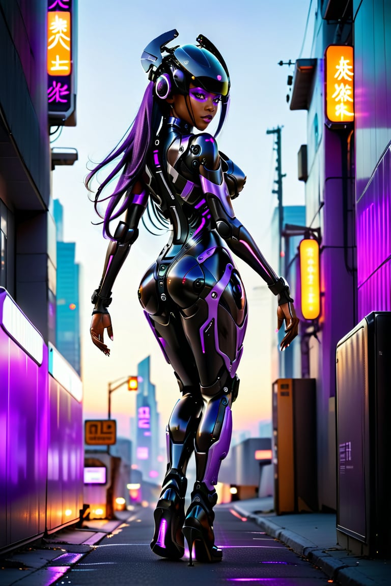 Against a clear futuristic cityscape at dusk, a Sexy black woman, approximately 31 years old, stands confidently and sultry on a run-way with lights on it. Her sleek, futuristic  cyber mech suit and dark purple glowing light system accentuate her urban charm. Power radiates from her features as light energy pulses through her eyes, casting a hot glow on her nice seductive frame. long flowing straight hair sticks out of the back of the head gear from her head for feminine style. futuristic high heels boots aglow complete the futuristic ensemble. Glowing purple eye visor