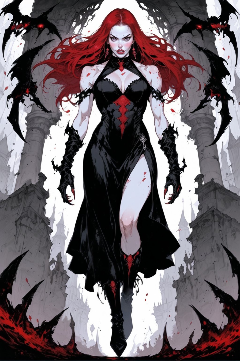 full_body shot of a female creature of the night sexy in the castle shadows, Her pale pink and white skin sets an air of malevolent intent. The camera captures her in a full-body shot , the evil woman like creature haunting yellow eyes gaze piercing through the forest darkness, as if directly addressing the viewer. blood red hair, Claws sharp finger-nails. black lip-stick. Her very presence seems to exude an dark evil aura, radiating an aura.wearing a ((purple and red sleek dress,))Fantasy Add more detail,hunger,newhorrorfantasy_style, pail  white skin, score-9 ((full_body shot)) black lips