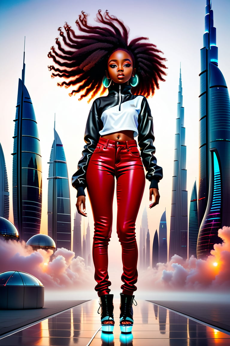 Against a misty Dubai cityscape at dusk, a cute young black girl, approximately 20 years old, stands confidently and sultry on a space crafted in the sky. His sleek, futuristic graphics crock top and dark red  jeans accentuate her urban charm. Power radiates from her features as auburn energy pulses through her eyes, casting a hot glow on her nice frame. long flowing hair blows in the wind from her head for black female. futuristic baleciagas shoes complete the futuristic ensemble.