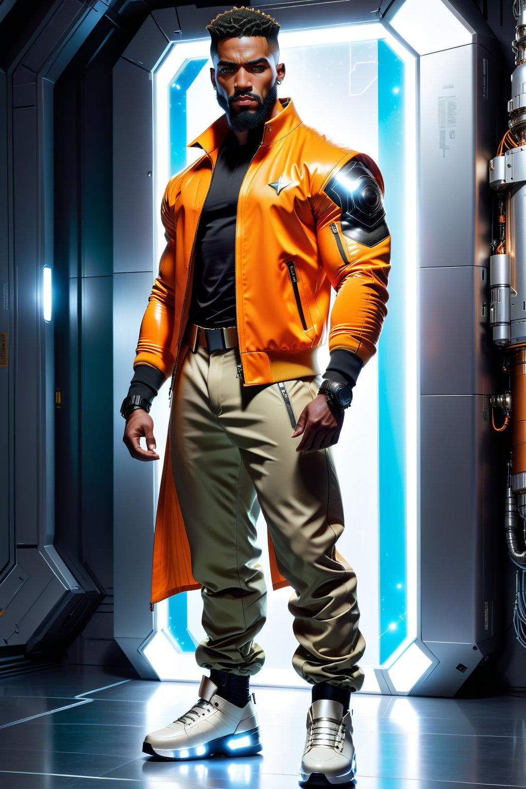 Against a backdrop of hovering spacecraft, a powerful 25-year-old black muscular male stands tall, radiating strength. His low buzz-cut head is adorned with silver earrings. A sharp full beard frames his chiseled features. He wears a short sleek orange jacket with metallic zippers and straps, one sleeve rolled up to reveal a glowing arm. A form-fitting light yellow sleek shirt with glow on the front of shirt hugs his torso,. Black futuristic pants mirror the coat's design. Glowing white urban shoes on his feet complete the urban-chic ensemble as he stands in an action pose, exuding confidence.