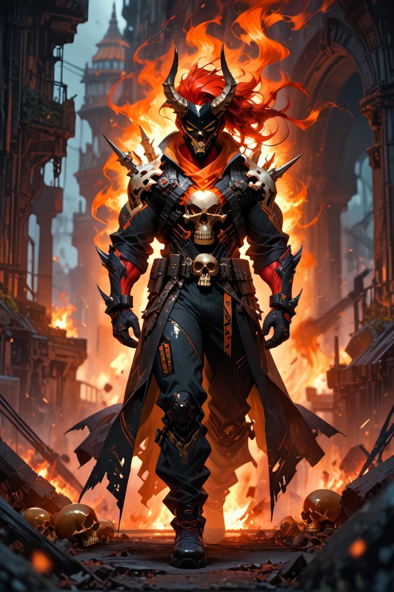 a full-body shot stands tall (score_9, score_8_up), score_7_up, 1 red skinned man, muscular, metal black half mask covering his mouth, showing top half of face, industrial theme, glowing yellow eyes, White and yellow futuristic battle suit, spikes, teeth, solo, cyberpunk, ivory horns, fire hair, floating fire hair, skull, shiny, orange cowl on  attached to black royal cape,
Depth of field, blurring background, cinematic lighting, full_body
