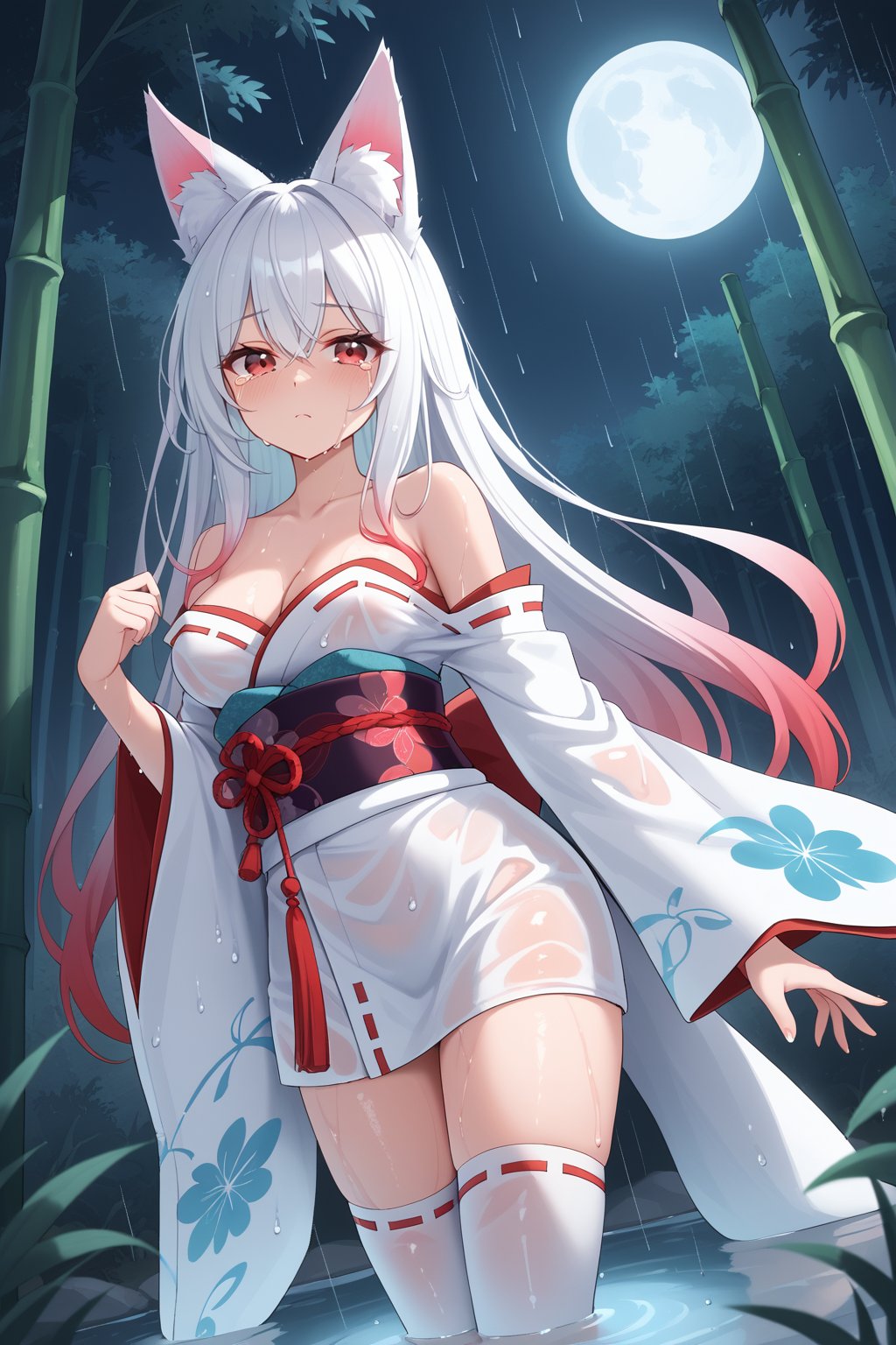 masterpiece,best quality,high quality,(colorful),fox ears,gradient ears,fox girl,gradient hair,legs,white hair,long 
hair,kimono,white kimono,detached sleeves,night,medium breasts,moon,rain,wet,strapless,wet_clothes,hair between eyes,standing,white_thighhighs,bamboo forest