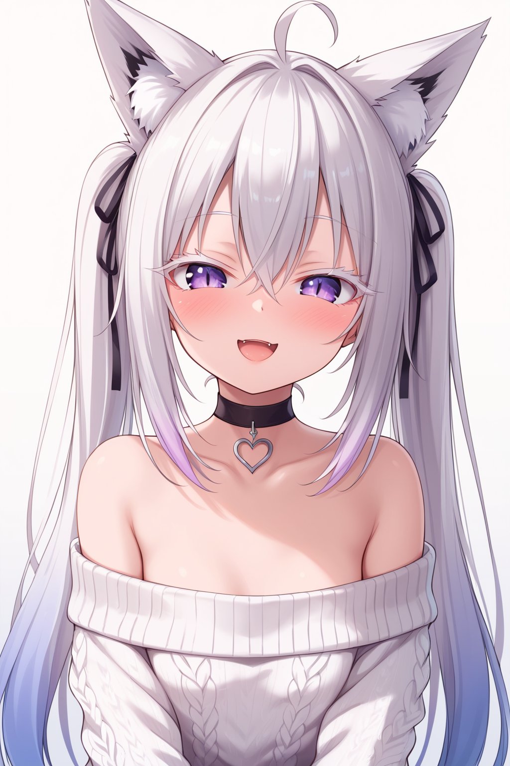 masterpiece,best quality,high quality,fox girl,fox ears,slit pupils,gradient hair,choker,white hair,white eyelashes,long eyelashes,purple eyes,off-shoulder sweater,small breasts,white sweater,white background,blush,naughty face,twintails,open mouth,looking at viewer,((face)),ahoge,hair between eyes,