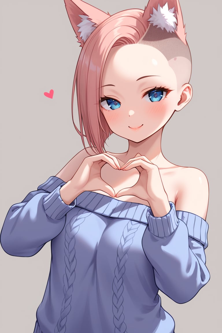 fox girl,shaved head,upper body,heart hands,off-shoulder sweater