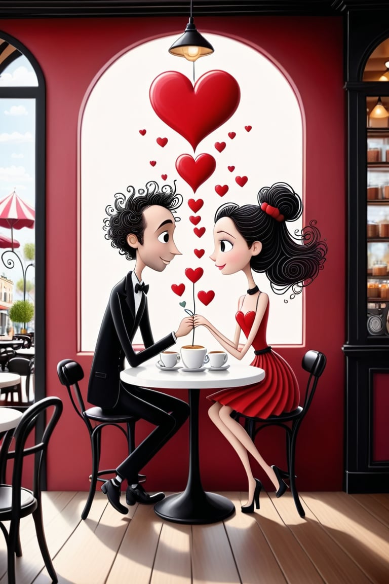 hand drawing cartoon style 2d stick figure of a loving couple in a cafe, hearts, very detailed, high quality, Tim Burton