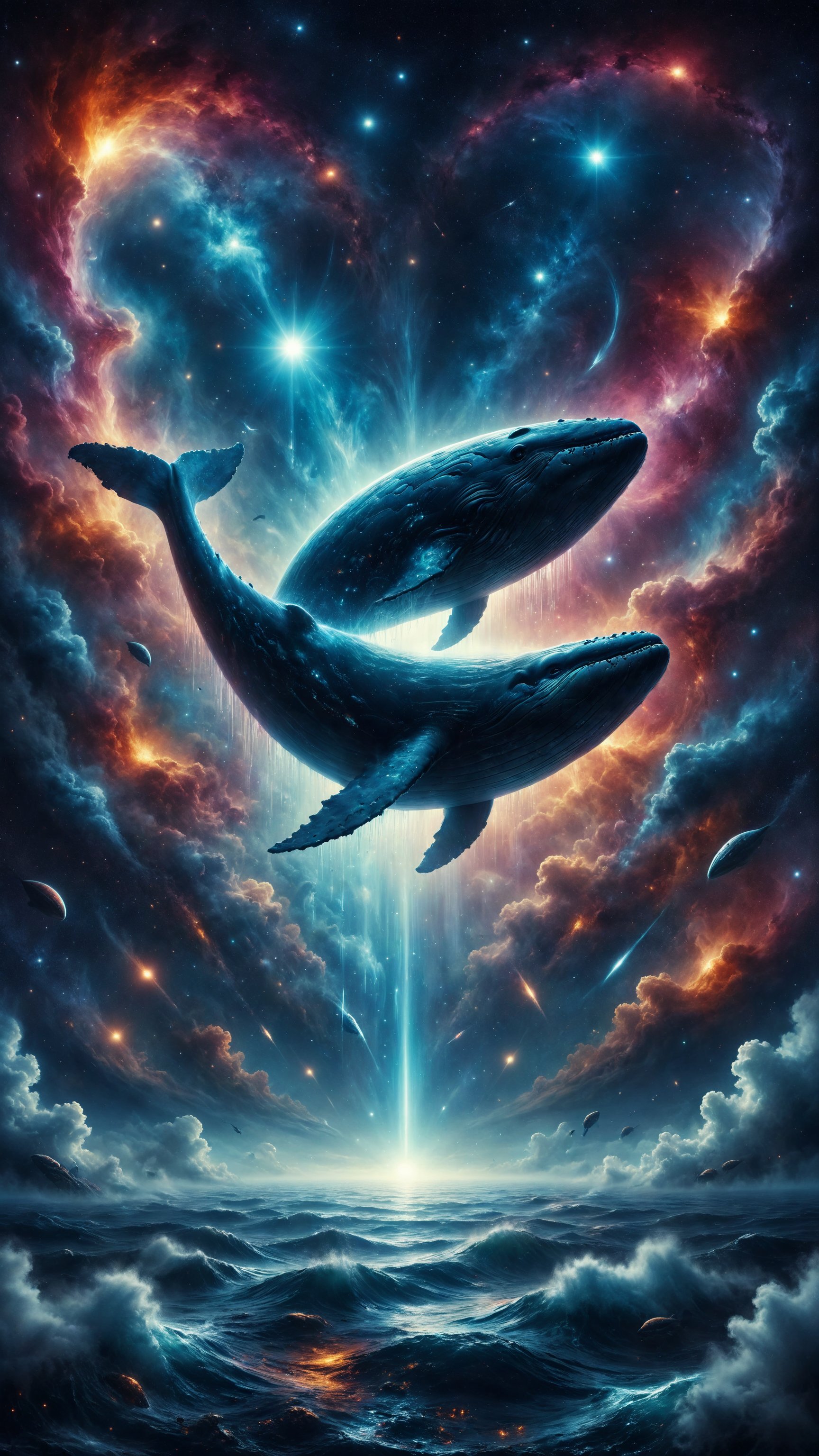 Design a scene of a flying whale gliding through an ocean of stars in space. The whale has fins that shine with their own...