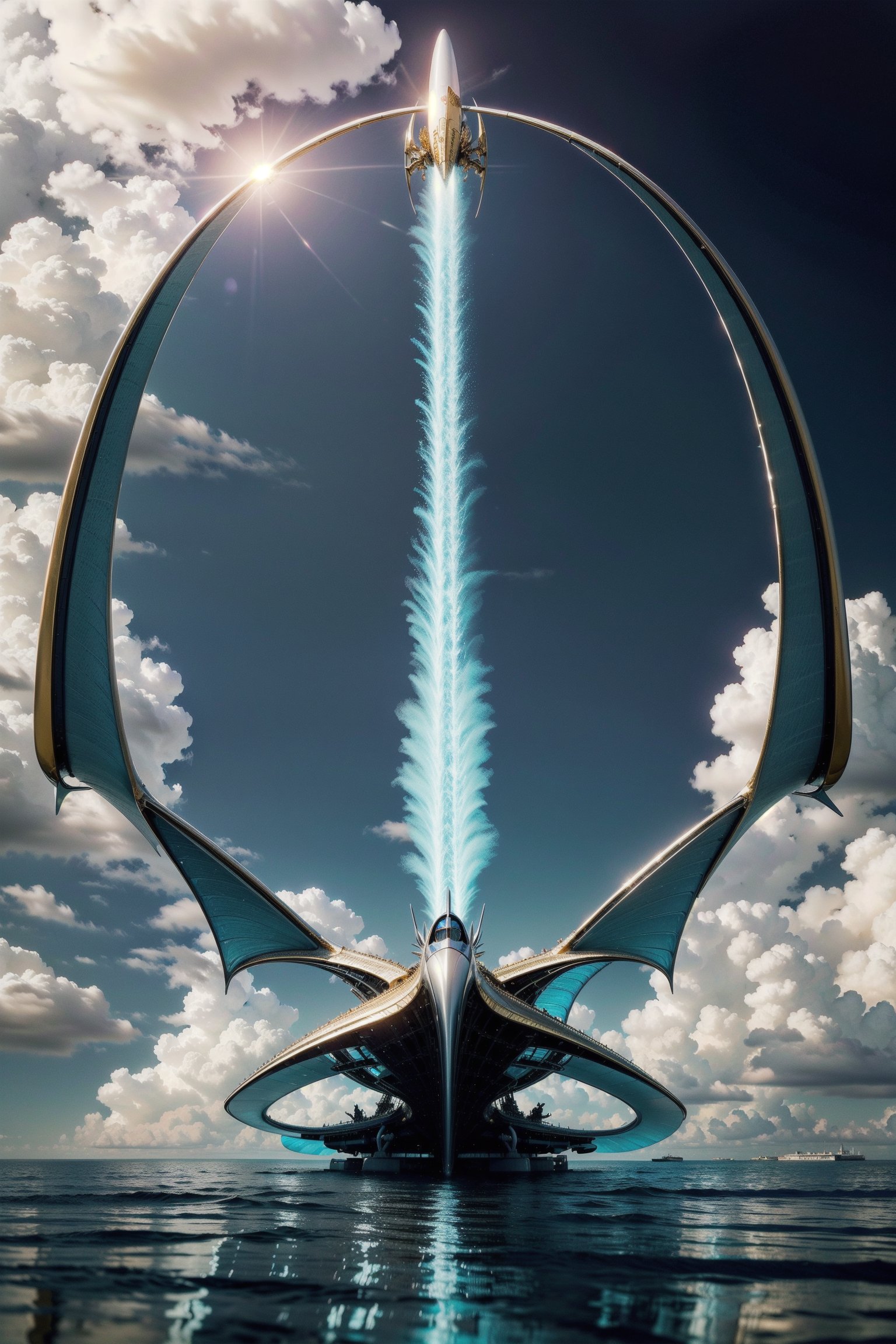 Photorealistic render in high definition of a luxury mega jet airplane on the sky, caotic scene air dragon luxury, sky, with wings on both sides and in the middle of the design, gold, white, black, turquoise, surreal concept on a private beach, very sculptural and with fluid and organic shapes, with symmetrical curves in shape of dragon wings inspired by Zaha Hadid's style, gold, with black and white details. building inside the jet and a rocket, The design is inspired by the main stage of Tomorrowland 2022, with ultra-realistic Art Deco details and a high level of image complexity.