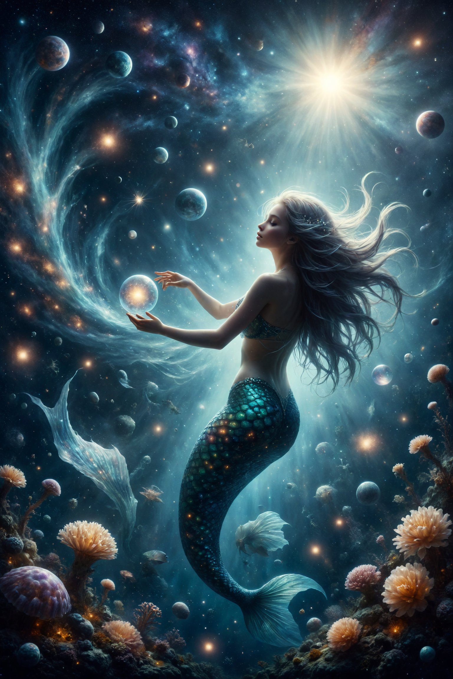 Create an illustration of a mermaid floating in a sea of stars,  with hair merging with the cosmos and a tail that shines...
