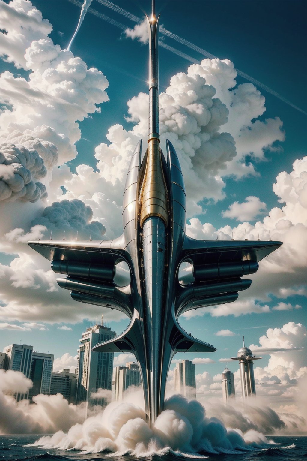 Photorealistic render in high definition of a luxury mega jet airplane on the sky, caotic scene air dragon luxury, sky, with wings on both sides and in the middle of the design, gold, white, black, turquoise, surreal concept on a private beach, very sculptural and with fluid and organic shapes, with symmetrical curves in shape of dragon wings inspired by Zaha Hadid's style, gold, with black and white details. building inside the jet and a rocket, The design is inspired by the main stage of Tomorrowland 2022, with ultra-realistic Art Deco details and a high level of image complexity.