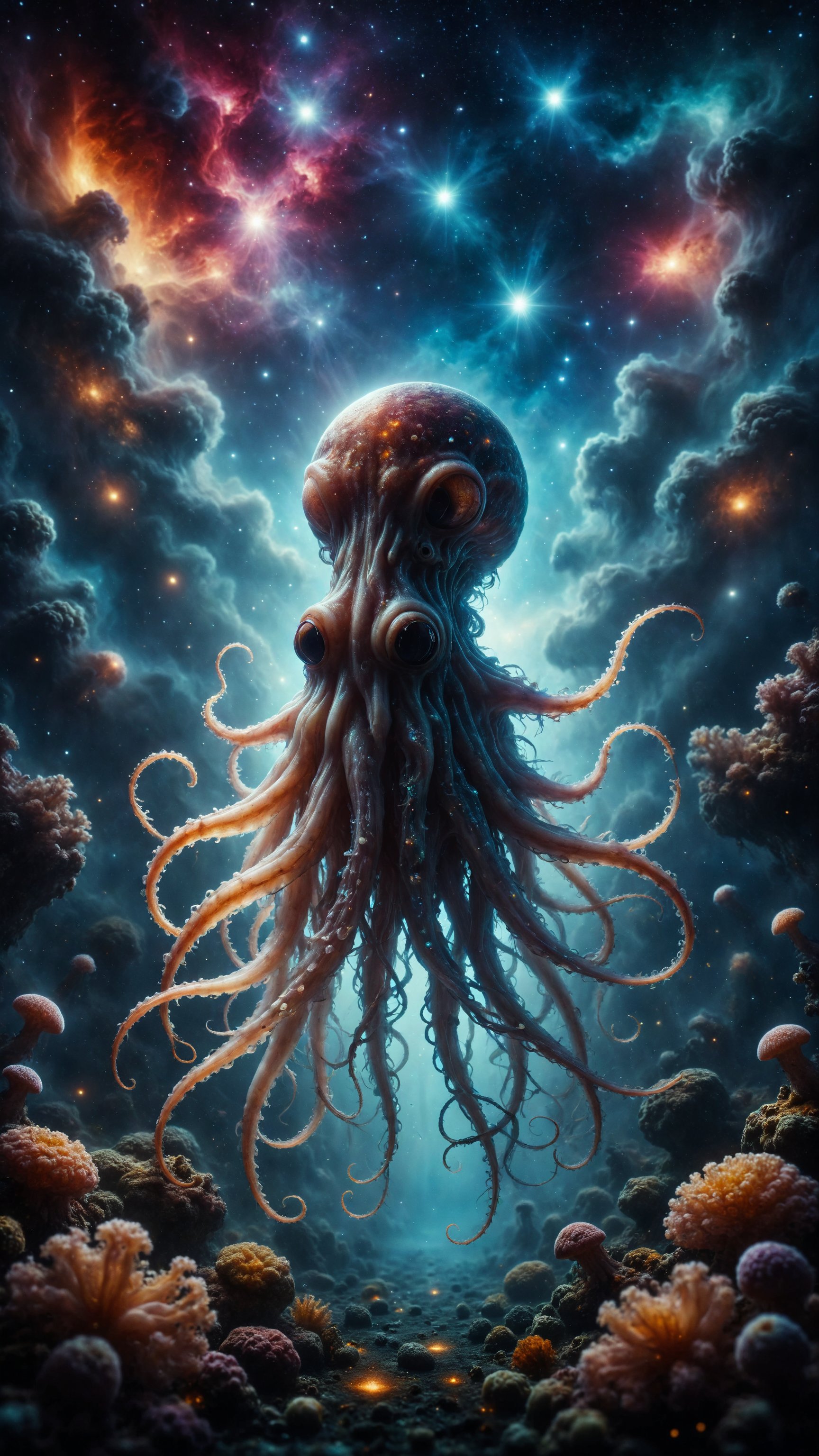 Design a scene of a squid swimming in the deep sea with its body covered in nebulas and stars. Its tentacles extend like c...