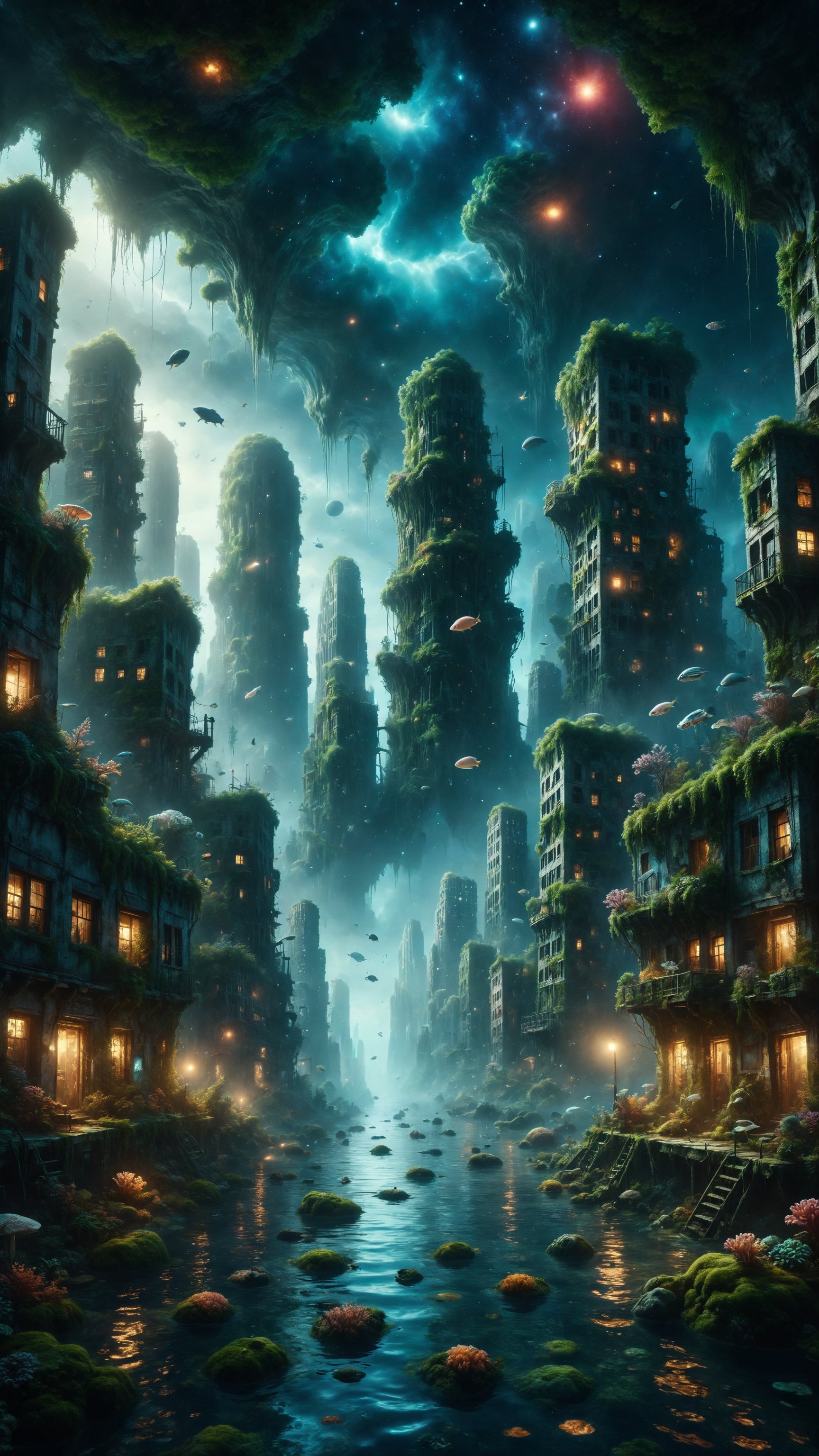 Create an illustration of an underwater city suspended in the void of space,  where the buildings have organic shapes and...