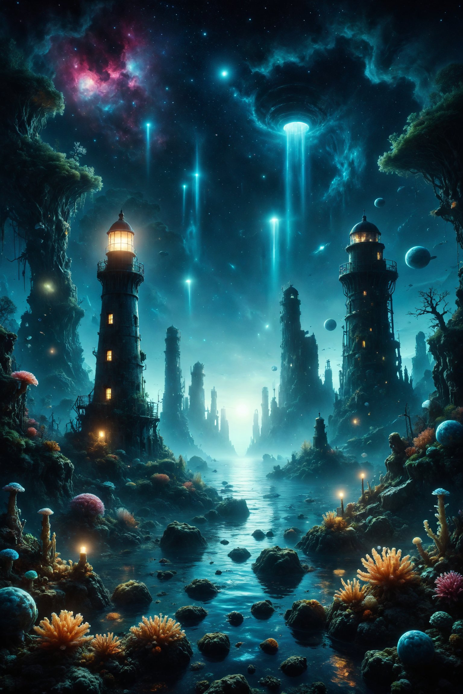 Design a scene of an underwater lighthouse that radiates flashes of starlight in all directions,  illuminating a surreal m...