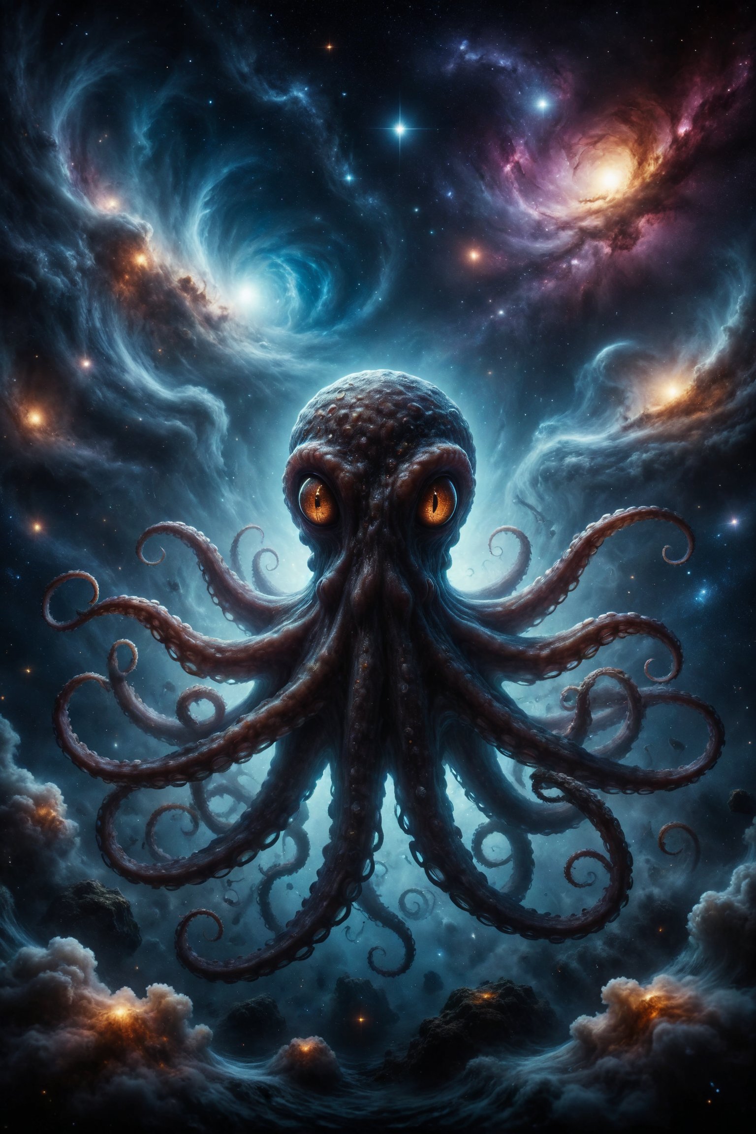 Generate an image of an octopus with eyes like black holes,  seemingly absorbing the light around it. Around its tentacles...