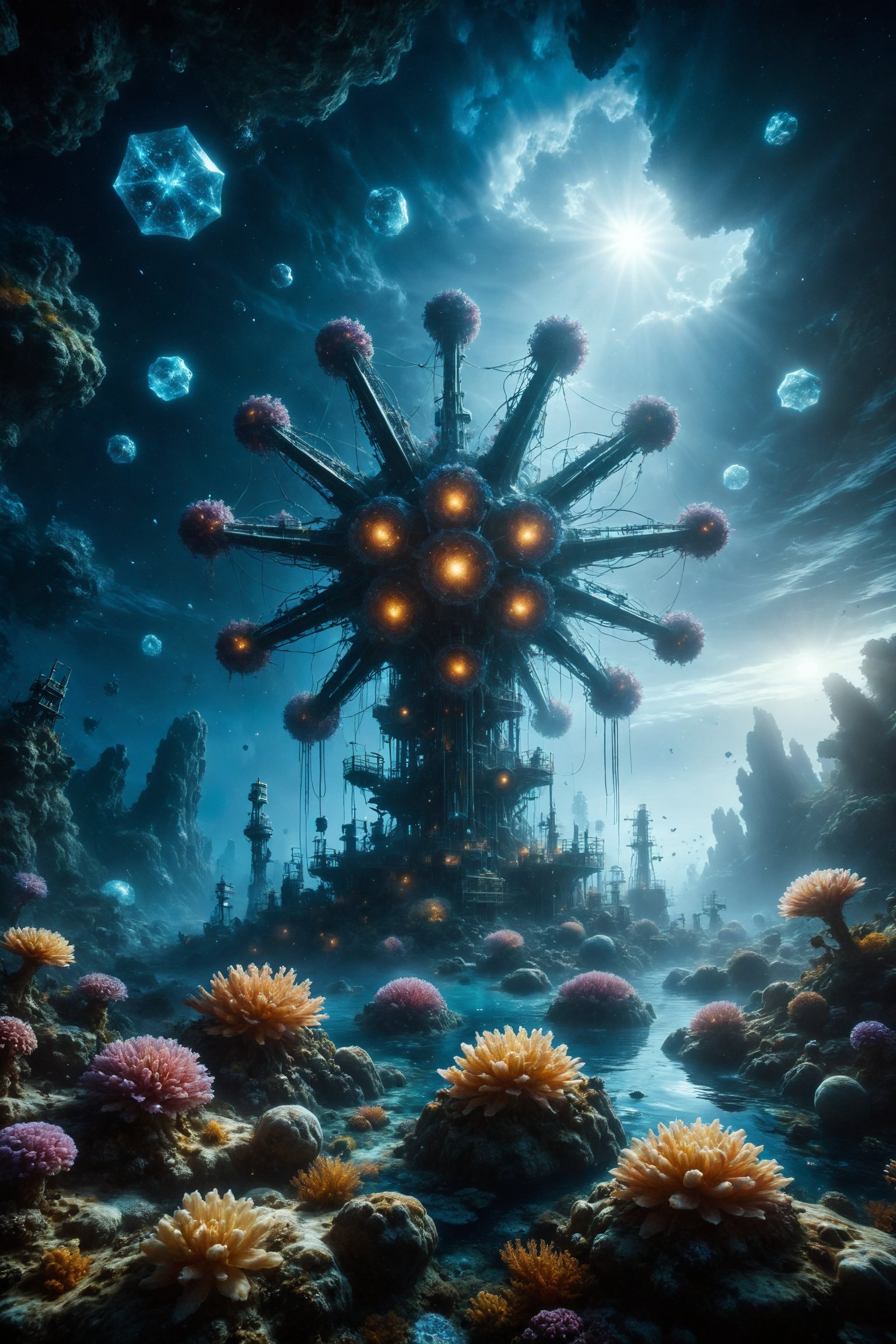 Generate an image of a network of interconnected underwater mega observatories along a mountain chain on the ocean floor....