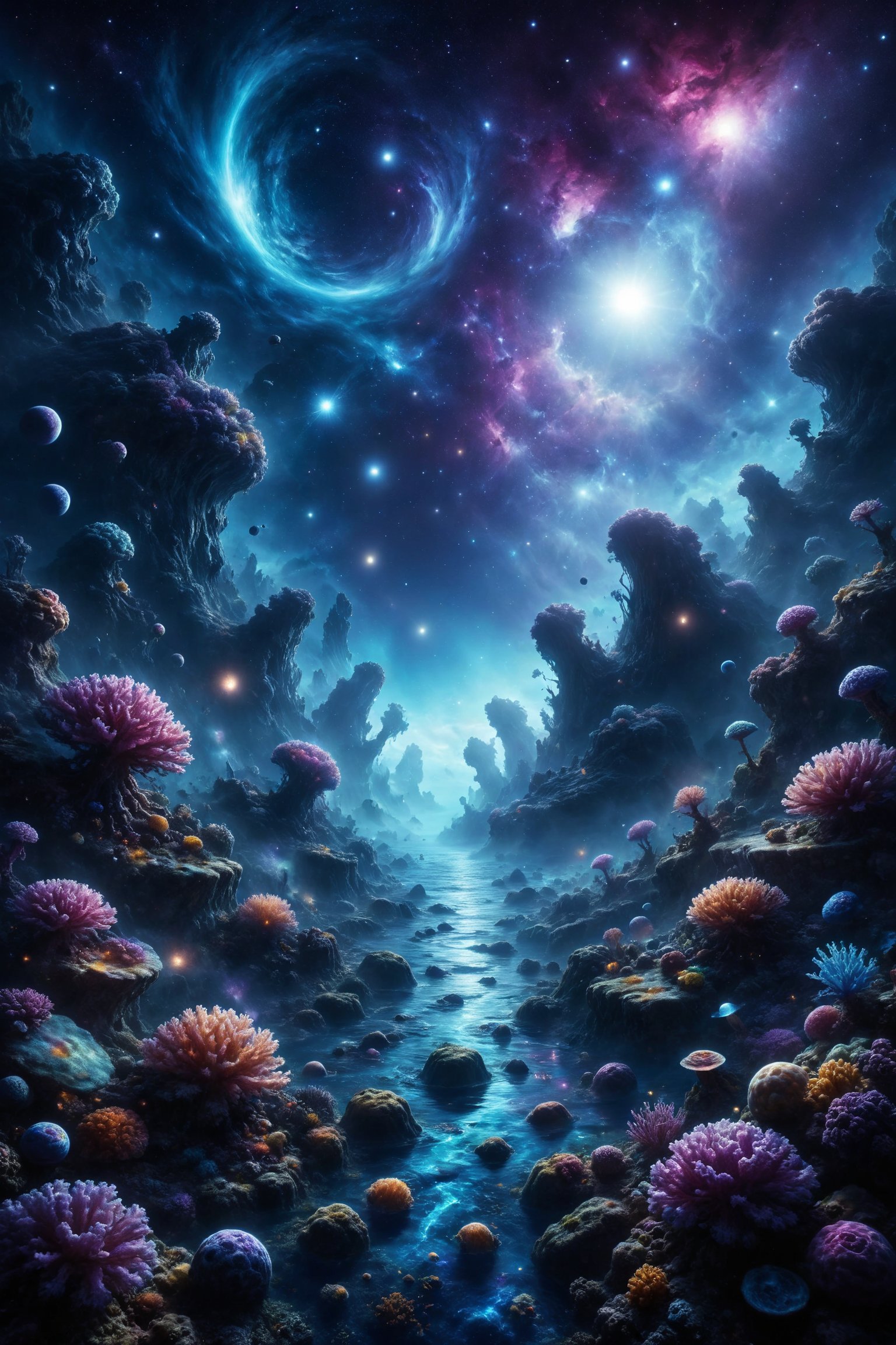 Generate an image of a deep ocean with planets and stars visible in the water. On the ocean floor,  there are corals that...