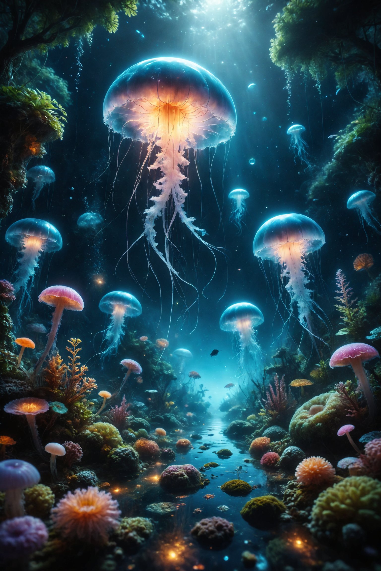 Design a scene of an underwater garden where the plants and marine flowers are made of starlight. Transparent jellyfish fl...