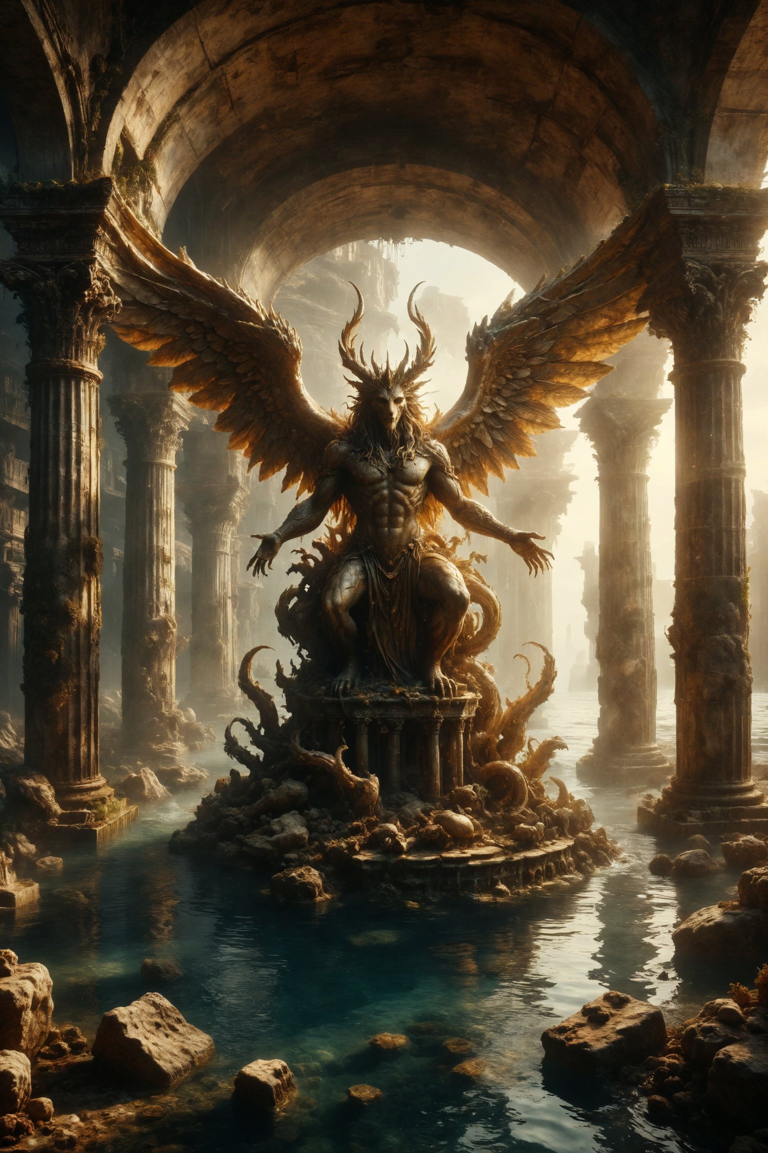 Design a scene of a massive underwater architectural sculpture in the shape of a mythical creature,  with outstretched win...