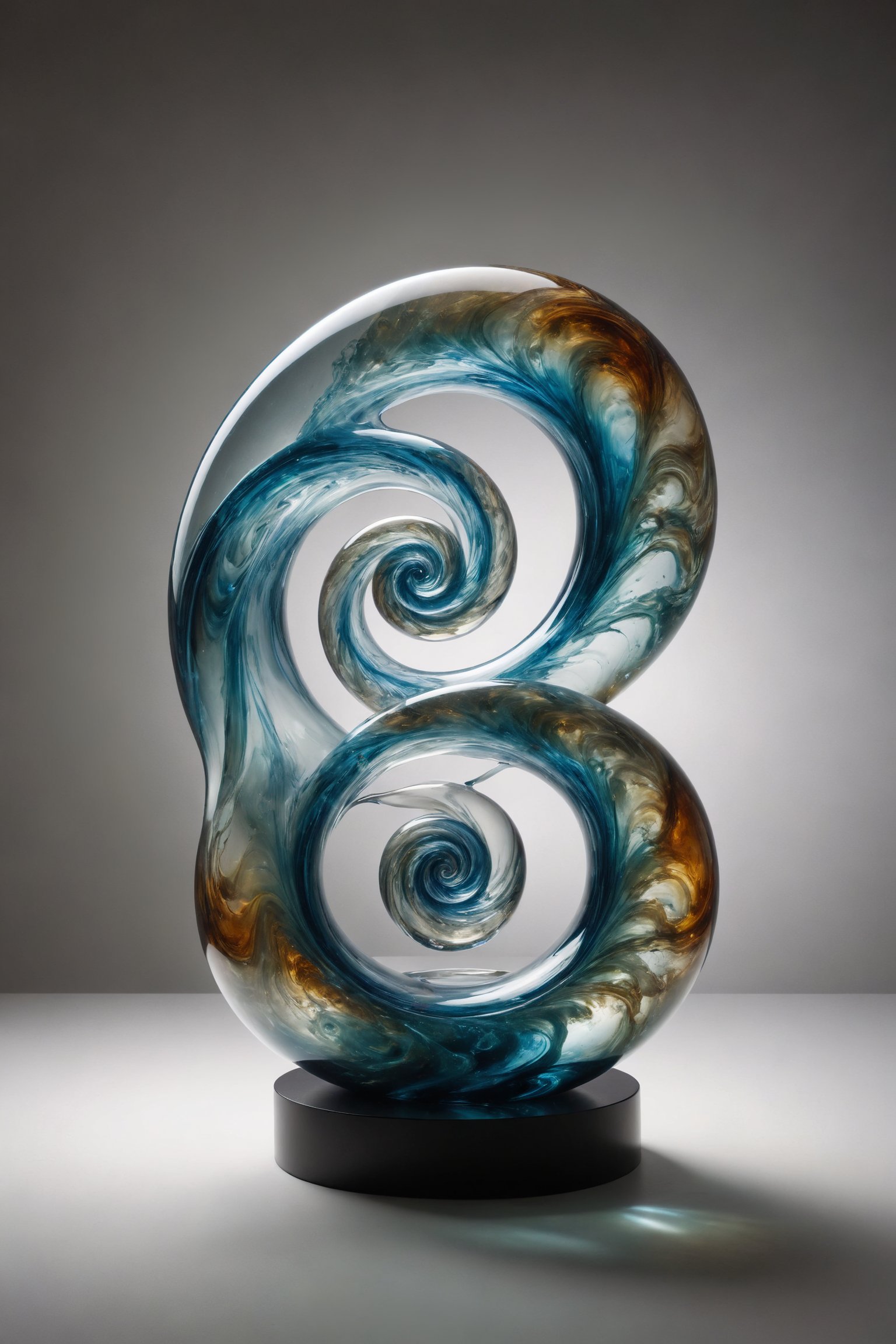 A blown glass sculptural set forming a double spiral,  where each fluid curve reflects the light uniquely,  creating a hyp...
